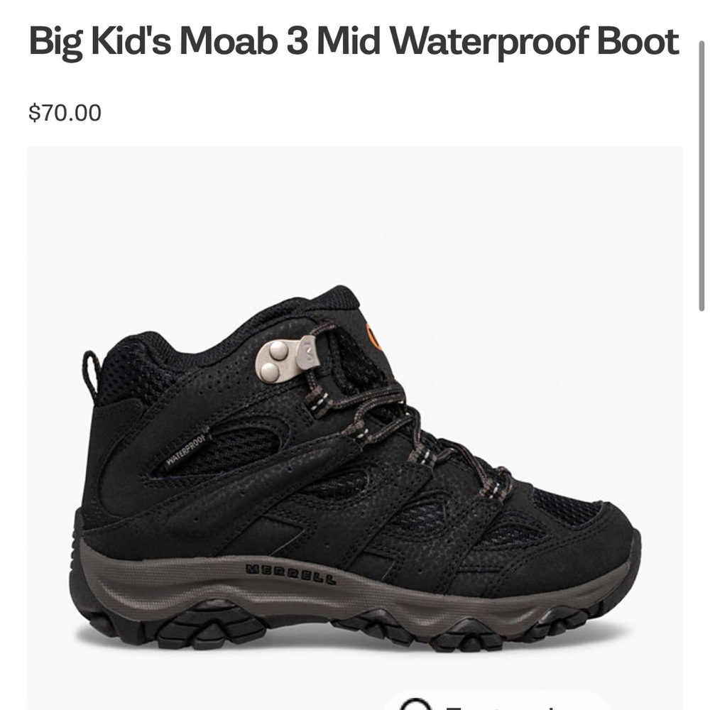 Merrell Big Kids Moab 3 Black Mid Waterproof Hiking Boot Size 1